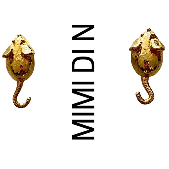 NWT 70s MIMI DI N NISCEMI Mice Statement Pierced Earrings Signed Gold-tone - Picture 1 of 6